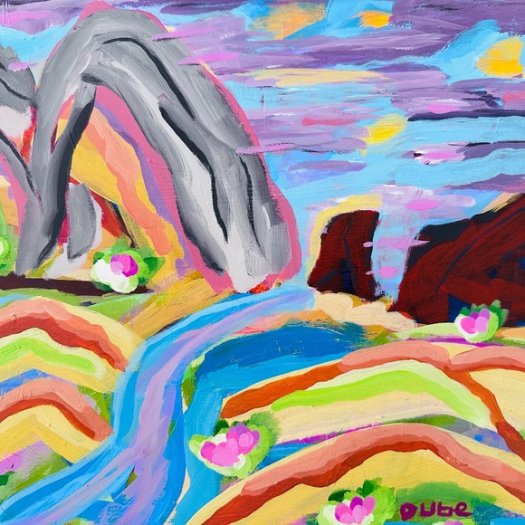 Original Painting Modern Impressionism Landscape River Mountains 11" x 14" Wood - Picture 1 of 10